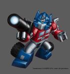  autobot blue_eyes english_commentary glowing glowing_eyes grey_background gun holding holding_gun holding_weapon kre-o lego_minifig marcelo_matere mecha no_humans official_art optimus_prime robot solo transformers weapon 
