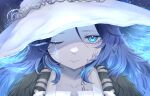  1girl artist_request blue_eyes blue_hair blue_skin cloak closed_mouth colored_skin cracked_skin dress elden_ring extra_faces fur_cloak hat joints long_hair looking_at_viewer one_eye_closed ranni_the_witch simple_background solo witch witch_hat 