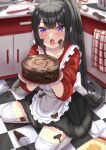  1girl :o absurdres apron back_bow bangs black_hair blush bow bowl cake checkered_floor chocolate chocolate_cake chocolate_on_body chocolate_on_clothes chocolate_on_face egg_(food) flour food food_on_body food_on_clothes food_on_face frills highres holding holding_plate indoors kitchen long_hair looking_at_viewer ma0rock messy on_floor open_mouth original pastry_bag plate ponytail powdered_sugar sitting skirt solo spatula sweater thigh-highs tile_floor tiles very_long_hair violet_eyes wariza whisk 