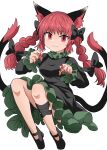  1girl :3 animal_ears bangs black_bow black_dress black_footwear bow braid cat_ears cat_tail chups closed_mouth dress extra_ears full_body hair_bow high_heels highres kaenbyou_rin long_hair long_sleeves looking_at_viewer multiple_tails nekomata red_eyes red_nails redhead side_braids smile solo tail touhou twin_braids two_tails white_background 