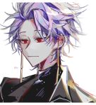  1boy black_jacket black_sweater blurry closed_mouth earrings highres jacket jewelry light_particles male_focus open_clothes open_jacket portrait purple_hair red_eyes saibou_shinkyoku short_hair solo sweater theodore_riddle turtleneck turtleneck_sweater vender white_background 
