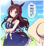  1girl alternate_costume animal_ears blurry blurry_background breasts collarbone commentary_request dress hat highres horse_ears horse_girl horse_tail long_hair looking_at_viewer medium_breasts mejiro_dober_(umamusume) sky sleeveless smile solo straw_hat tail takiki translation_request umamusume violet_eyes 