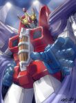  artist_name cape crown decepticon english_commentary glowing glowing_eyes hand_on_hip head_tilt marcelo_matere mecha official_art open_hand purple_cape red_eyes robot science_fiction smile solo starscream transformers 