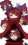  1girl :3 bangs biting black_shirt blue_bow blush bow cloak closed_mouth commentary_request cowboy_shot disembodied_head hair_bow highres holding_head jonasan_(bad-t) long_sleeves one-hour_drawing_challenge open_mouth red_cloak red_eyes red_skirt redhead sekibanki shirt short_hair simple_background skirt smile solo squiggle touhou wavy_mouth white_background yukkuri_shiteitte_ne 