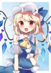  1girl alternate_color ascot bangs blue_background blue_ribbon blue_shirt blue_skirt chisiro_unya_(unya_draw) cowboy_shot crystal dated fang flandre_scarlet hat hat_ribbon heart looking_at_viewer mob_cap one_side_up open_mouth red_eyes ribbon shirt signature skirt solo standing touhou white_headwear wings yellow_ascot 