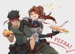 1boy 1girl armor bangs belt biggs_(ff7) black_hair blue_leotard breastplate breasts brown_hair crow0cc eating facial_hair final_fantasy final_fantasy_vii final_fantasy_vii_remake fingerless_gloves food food_on_face gloves green_pants grey_eyes headband highres holding holding_food holding_pizza holster jessie_rasberry leaning_on_person leotard medium_breasts medium_hair one_eye_closed open_mouth pants parted_bangs pizza plate ponytail red_eyes red_headband shirt short_hair shoulder_armor t-shirt thigh_holster tongue tongue_out turtleneck upper_body 