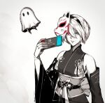  1girl black_hairband blush breasts closed_mouth dress elbow_gloves fox_mask ghost gloves hairband japanese_clothes kimono kubaushi looking_at_viewer mama_(nier) mask mole mole_under_mouth nier_(series) nier_automata nier_reincarnation nintendo_switch short_hair solo white_hair yorha_no._2_type_b 