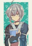  151moneco 1boy :/ ahoge black_choker book brown_eyes choker closed_mouth glasses grey_hair highres japanese_clothes kimono long_sleeves looking_at_viewer morichika_rinnosuke short_hair solo touhou upper_body 