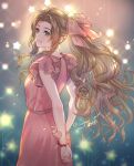  1girl aerith_gainsborough arms_behind_back bangs bow bracelet breasts brown_hair dress final_fantasy final_fantasy_vii final_fantasy_vii_remake frilled_sleeves frills green_eyes hair_bow jewelry long_hair looking_at_viewer looking_back medium_breasts official_alternate_costume ohse parted_bangs parted_lips pink_dress short_sleeves sidelocks smile solo star_(symbol) upper_body wavy_hair 