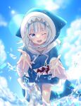  1girl ;d bangs blue_hair blue_sky blunt_bangs blurry bokeh clouds commentary depth_of_field dot_nose fish_tail gawr_gura highres hololive hololive_english hood hood_up hoodie legs_apart long_sleeves looking_at_viewer multicolored_hair one_eye_closed outdoors outstretched_hand rainbow_gradient rpjwx5firgushds shadow shark_girl shark_tail sharp_teeth sky smile solo splashing standing sunlight tail teeth two-tone_hair white_hair wide_sleeves 
