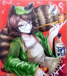  1girl animal_ears bangs bottle brown_hair camisole closed_mouth commentary_request futatsuiwa_mamizou glasses green_jacket jacket jonasan_(bad-t) kiseru leaf leaf_on_head looking_at_viewer open_clothes open_jacket pince-nez raccoon_ears raccoon_girl raccoon_tail red_background red_skirt round_eyewear sake_bottle shikishi short_hair signature skirt smile smoke smoking smoking_pipe solo tail touhou traditional_media upper_body yellow_camisole 