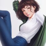  1girl brown_eyes brown_hair closed_mouth collared_shirt denim green_jacket jacket jeans looking_at_viewer original pants realistic rotisusu shirt solo white_background white_shirt 