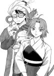  1boy 1girl :3 ahoge animal animal_on_shoulder bangs calico cat cheeeeese0619 closed_eyes coat cowboy_shot curtained_hair facial_hair fate/stay_night fate_(series) glasses greyscale hakama hat_feather highres holding holding_animal japanese_clothes kimono long_sleeves looking_at_viewer mehmed_ii_(fate) mitsuzuri_ayako monochrome muneate open_mouth puffy_short_sleeves puffy_sleeves short_hair short_sleeves simple_background stubble swept_bangs turban upper_body white_background 