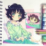  1girl absurdres anny_(yoai) artist_name bangs black_hair blanket blunt_bangs blush buttercup_(ppg) buttercup_redraw_challenge_(meme) collar collarbone colored_pencil colored_pencil_(medium) commentary english_commentary frilled_collar frills green_nails green_nightgown hair_flaps hatching_(texture) highres instagram_username lamp linear_hatching long_sleeves looking_at_viewer marker marker_(medium) meme messy_hair multicolored_eyes nightgown on_bed orange_eyes pen_(medium) pencil photo_(medium) pillow powerpuff_girls puffy_sleeves reference_inset short_hair sidelocks sitting smile solo split_mouth traditional_media upper_body violet_eyes watermark 