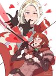  2girls artist_request blush breasts cape closed_mouth dress edelgard_von_hresvelg fire_emblem fire_emblem:_three_houses fire_emblem_warriors:_three_hopes gloves hair_ornament hair_ribbon heart highres long_hair long_sleeves looking_at_viewer monica_von_ochs multiple_girls official_alternate_hairstyle one_eye_closed open_mouth red_eyes redhead ribbon short_hair simple_background smile upper_body violet_eyes white_hair yuri 