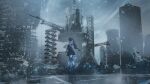  1girl absurdres bangs bare_shoulders black_dress black_sleeves building commentary_request detached_sleeves dress dystopia facing_away grey_hair grey_theme highres mechanical_legs nanami_(punishing:_gray_raven) original ponytail punishing:_gray_raven scenery science_fiction seymour sky solo standing 