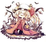  1girl bat beamed_eighth_notes blonde_hair clenched_hands closed_eyes coat commentary_request crystal fang flandre_scarlet graveyard halloween_bucket halloween_costume hat kouba mob_cap musical_note open_mouth orange_coat oversized_clothes shoe_soles solo touhou walking wings 