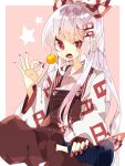  1girl adapted_costume bangs black_footwear boots bow candy collared_shirt commentary food foot_out_of_frame fujiwara_no_mokou hair_bow hair_ornament hairclip highres holding holding_candy holding_food holding_lollipop lollipop long_hair long_sleeves looking_at_viewer nikorashi-ka one-hour_drawing_challenge open_mouth overalls puffy_sleeves red_bow red_eyes red_nails red_overalls shirt sitting solo star_(symbol) suspenders teeth touhou two-tone_bow white_bow white_hair white_shirt 