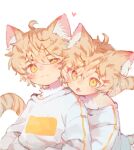  2boys absurdres animal_ears blonde_hair blush brothers cat_boy cat_ears cat_tail fangs heart highres long_sleeves male_focus matching_outfit multiple_boys open_mouth original paki2000 shirt short_hair siblings tail twins white_background white_shirt yellow_eyes 
