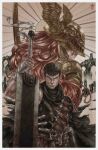  1boy 1girl armor artist_request berserk black_hair cape closed_mouth covered_eyes crossover dragonslayer_(sword) dress elden_ring guts_(berserk) helmet highres holding holding_weapon huge_weapon long_hair looking_at_viewer male_focus malenia_blade_of_miquella muscular red_cape redhead short_hair sword very_long_hair weapon winged_helmet 