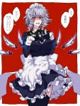  1girl braid floating floating_object floating_weapon frills garter_straps gloves highres himadera izayoi_sakuya knife long_sleeves looking_at_viewer maid maid_headdress open_mouth red_background red_eyes simple_background skirt smile solo thighs touhou translated 