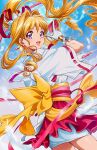  1girl blonde_hair blue_sky card clouds dress drill_hair hair_intakes japanese_clothes kaitou_jeanne kamikaze_kaitou_jeanne kaze-hime long_hair magical_girl ponytail red_skirt skirt sky solo violet_eyes white_dress 