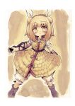 1girl :o armor blonde_hair bloomers commentary_request dated double_bun hair_bun haniwa_(statue) holding joutouguu_mayumi kouba looking_at_viewer medium_hair open_mouth plate_armor shirt short_sleeves solo touhou underwear white_bloomers white_shirt yellow_eyes 