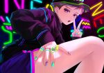  1boy absurdres body_piercings brown_hair ear_piercing gumi_gorira hat highres jacket jewelry long_sleeves looking_at_viewer male_focus nail_polish neon_trim open_mouth original piercing ring short_hair shorts solo thighs v violet_eyes 