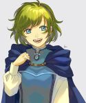  1girl :d akke blue_cape blue_eyes blue_hairband cape fire_emblem fire_emblem:_the_blazing_blade green_hair grey_background hairband long_sleeves looking_at_viewer nino_(fire_emblem) open_mouth shiny shiny_hair short_hair simple_background smile solo upper_body 