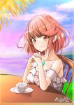  1girl alternate_costume bangs breasts chair chest_jewel cup highres large_breasts ocean pyra_(xenoblade) red_eyes redhead short_hair smile sofusan1526 solo swept_bangs teacup xenoblade_chronicles_(series) xenoblade_chronicles_2 