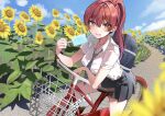  1girl bag bangs bicycle blue_sky blush clouds commentary_request flower food grey_necktie grey_skirt ground_vehicle highres holding holding_food hololive houshou_marine long_hair looking_at_viewer necktie outdoors ponytail popsicle redhead school_bag school_uniform shirt short_sleeves skirt sky solo striped_necktie summer sunflower white_shirt yoshioka_pochi 