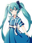  1girl aqua_eyes aqua_hair bangs black_bow bow closed_mouth hair_bow haru_(konomi_150) hatsune_miku highres long_hair looking_at_viewer short_sleeves simple_background smile solo standing striped vocaloid white_background white_bow 