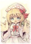  1girl blonde_hair blue_eyes bow bowtie buttons center_frills commentary_request cowboy_shot dress frills hat highres kouba lily_white long_hair long_sleeves open_mouth outstretched_arms outstretched_hand red_bow red_bowtie simple_background solo touhou white_dress white_headwear 