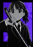  1girl artist_request bangs black_hair black_legwear commentary_request formal fukumaru_koito highres holding holding_sword holding_weapon idolmaster idolmaster_shiny_colors katana long_sleeves looking_at_viewer medium_hair monochrome necktie sheath solo spot_color suit sweat sword twintails unsheathing upper_body weapon 