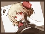  ! 1girl ascot black_skirt black_vest blonde_hair collared_shirt commentary_request cowboy_shot dutch_angle hair_between_eyes kouba long_sleeves looking_at_viewer open_mouth red_ascot red_eyes rumia shiny shiny_hair shirt skirt skirt_set solo spoken_exclamation_mark touhou vest white_shirt 