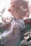  1boy blonde_hair blood blood_splatter brown_eyes crying facing_to_the_side looking_at_viewer male_focus min_(minhk215) original plant shirt short_hair short_sleeves solo tongue tongue_out wavy_hair white_background white_shirt 