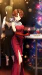  2girls blurry blurry_background blush brown_eyes brown_hair christmas_tree closed_mouth cup doukyuusei doukyuusei_another_world dress drinking_glass earrings elbow_gloves game_cg gloves hair_ribbon jewelry long_dress multiple_girls red_dress red_gloves ribbon shingyouji_reiko shiny shiny_hair short_hair side_slit sleeveless sleeveless_dress smile solo_focus standing white_ribbon 