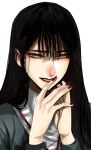  1girl black_hair fingernails grey_eyes hands_up highres hoshi_san_3 lanyard long_hair looking_at_viewer nail_polish open_mouth original own_hands_together portrait red_nails shirt simple_background solo white_background white_shirt 