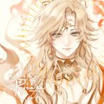  1boy artist_name blonde_hair closed_mouth earrings facial_mark forehead_mark green_eyes highres jewelry long_hair looking_at_viewer luceveea male_focus onmyoji smile solo star_(symbol) taishakuten_(onmyouji) twitter_username white_background 