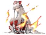  1girl :| baggy_pants bangs blunt_bangs bow bright_pupils closed_mouth collared_shirt commentary fire from_side fujiwara_no_mokou full_body grey_hair hair_bow hand_on_arm highres long_hair long_sleeves looking_at_viewer nanataru10 one-hour_drawing_challenge pants ponytail red_bow red_eyes red_footwear red_pants shirt shoes socks solo squatting suspenders touhou two-tone_bow very_long_hair white_background white_bow white_legwear white_pupils white_shirt 