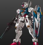  beam_rifle commentary energy_gun full_body gradient gradient_background green_eyes grey_background gundam gundam_aerial gundam_suisei_no_majo holding holding_weapon mecha mobile_suit no_humans rabo robot science_fiction shield solo standing v-fin weapon 