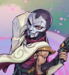  1boy bullet gloves gun holding holding_gun holding_weapon jhin league_of_legends looking_at_viewer male_focus mask muscular muscular_male petals phantom_ix_row pink_background red_eyes solo weapon 