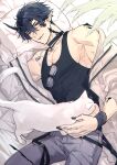  1boy arknights bed bed_sheet bishounen black_hair black_nails black_shirt cat commentary_request cowboy_shot eyewear_removed flamebringer_(arknights) highres horns infection_monitor_(arknights) jacket jewelry looking_at_viewer lying male_focus necklace orange_eyes oripathy_lesion_(arknights) pointy_ears shirt short_hair sleeveless smile solo sunglasses tank_top toned toned_male toriyoshi white_cat 