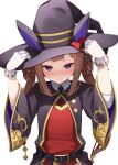  1girl animal_ears belt blush brown_hair closed_eyes commentary_request gloves hair_rings hat highres horse_ears long_hair looking_at_viewer mofu_namako simple_background solo sweep_tosho_(umamusume) twintails umamusume violet_eyes white_background white_gloves witch_hat 