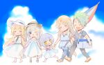  2boys 3girls :d =_= ^_^ achilles_(fate) ayako_(nekomomo) barefoot black_necktie black_pants blonde_hair blue_eyes blue_pants blue_sky blue_tunic blush bow bowtie chibi chiron_(fate) closed_eyes closed_umbrella clouds cooler curtained_hair dress fang fate/grand_order fate_(series) flip-flops full_body green_hair grey_hair grey_shirt hair_between_eyes hand_to_own_mouth happy hat hat_bow holding holding_hands holding_umbrella horse_tail jack_the_ripper_(fate/apocrypha) jeanne_d&#039;arc_(fate) long_hair looking_at_another looking_at_viewer marie_antoinette_(fate) marie_antoinette_(swimsuit_caster)_(second_ascension)_(fate) multiple_boys multiple_girls necktie off-shoulder_dress off_shoulder one_eye_closed pants parasol pink_bow pink_bowtie sandals shirt short_hair short_sleeves skin_fang sky sleeveless sleeveless_dress smile stitches sun_hat tail twintails umbrella v-neck walking white_dress white_hair white_headwear yellow_eyes 