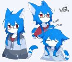  animal_ears blue_hair blush cat cat_ears cat_tail clapping closed_eyes closed_mouth devil-vox furry furry_female glasses highres jacket open_mouth original tail white_fur 