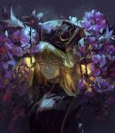 1girl absurdres bangs black_headwear black_tabard blonde_hair chinese_clothes commentary flower flower_request highres junko_(touhou) lantern long_hair looking_at_viewer nazoko night parted_lips phoenix_crown purple_flower red_eyes sideways_glance solo tabard touhou upper_body 