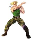  1boy abs american_flag american_flag_tattoo bare_shoulders belt blonde_hair blue_eyes boots commentary_request dog_tags fighting_stance flattop full_body furrowed_brow green_tank_top guile highres male_focus mature_male military muscular muscular_male pants short_hair shoulder_tattoo solo street_fighter tanakalma tank_top tattoo veins 