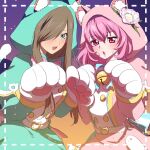  2girls animal_ears animal_hood bell belt blue_eyes blush brown_hair cat_ears cat_hood cat_tail gloves hair_over_one_eye highres hood jingle_bell long_hair misella multiple_girls open_mouth paw_pose pink_eyes pink_hair sidelocks tail tales_of_(series) tales_of_crestoria tales_of_the_abyss tear_grants tusia 