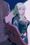  2girls absurdres alternate_hair_color armor artist_request bangs breasts byleth_(fire_emblem) byleth_eisner_(female) cape closed_mouth edelgard_von_hresvelg enlightened_byleth_(female) fire_emblem fire_emblem:_three_houses fire_emblem_warriors:_three_hopes green_eyes green_hair hair_ornament highres large_breasts long_hair long_sleeves looking_at_viewer medium_hair multiple_girls navel pantyhose red_cape white_hair yuri 